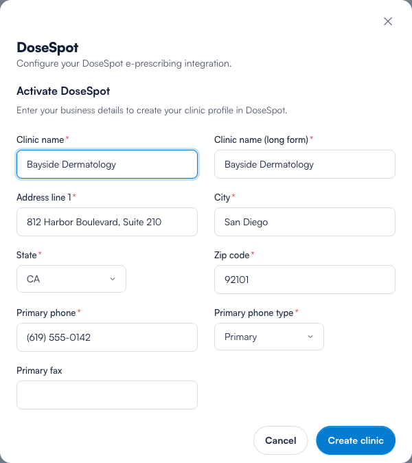 Activate DoseSpot modal pre-filled from Business Details