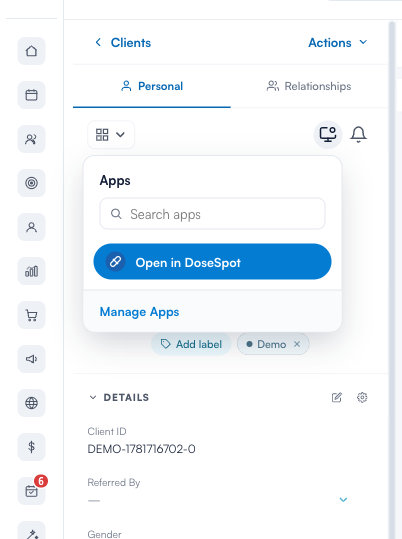 Open in DoseSpot pinned at the top of the client card Apps popover