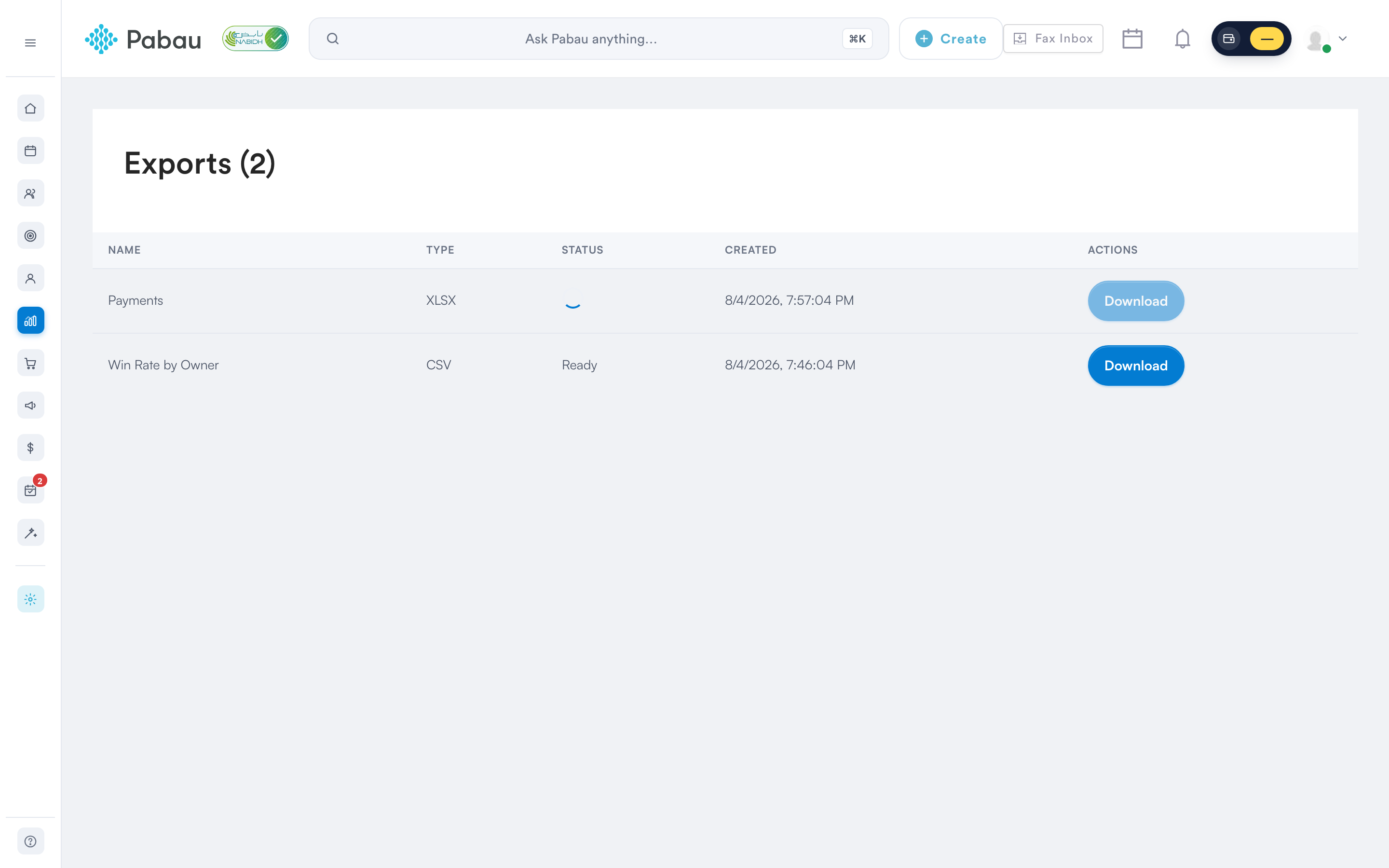 The Exports page with a pending export and a ready export with a Download button