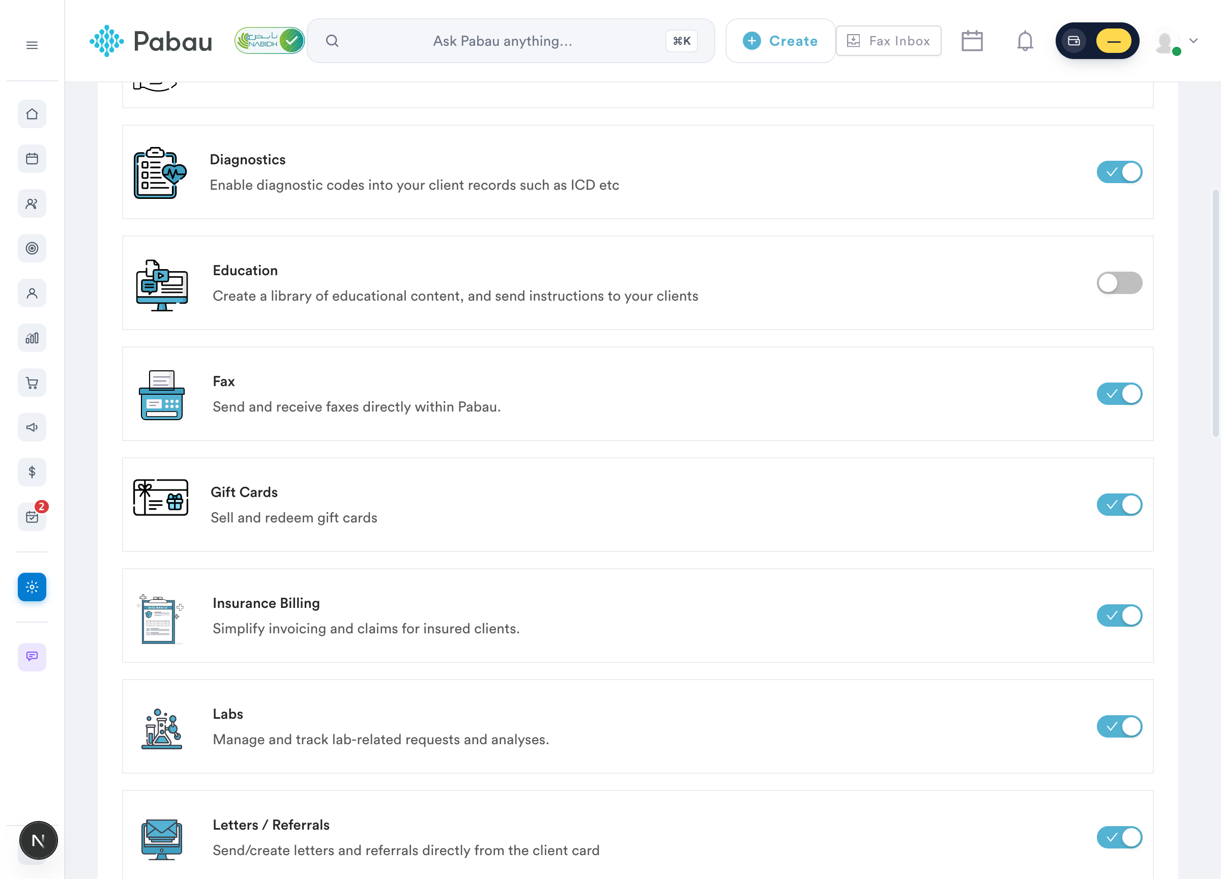 The Insurance Billing feature toggle under Setup, Business Details, Features