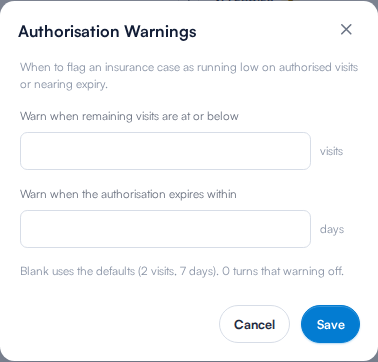 The Authorisation Warnings settings, with thresholds for remaining visits and days before expiry
