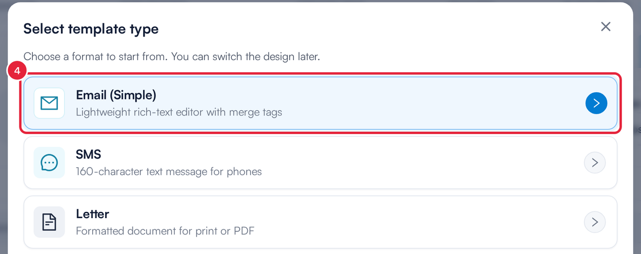 Select template type with Email (Simple) marked