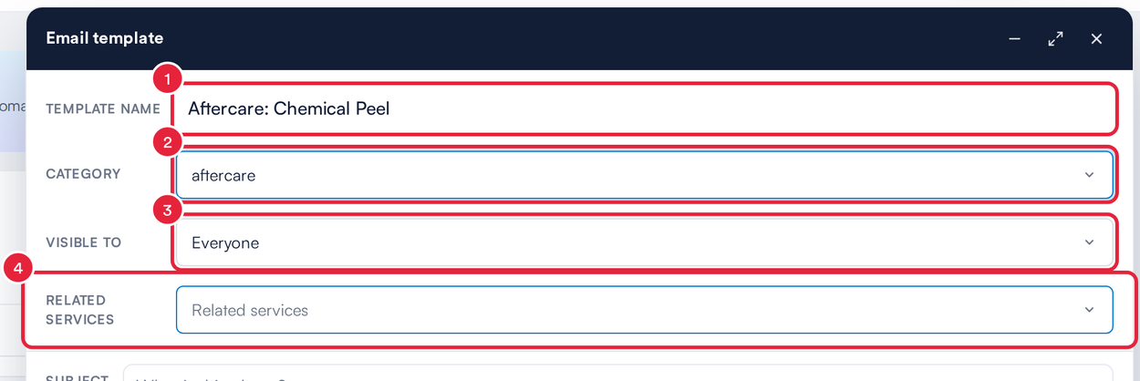 Email template window with Template name, Category, Visible to and Related services marked