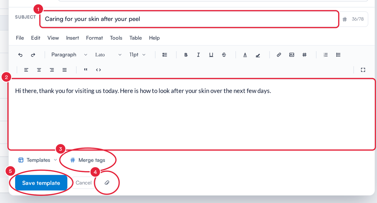 Email template subject, message, Merge tags, attachment paperclip and Save template marked