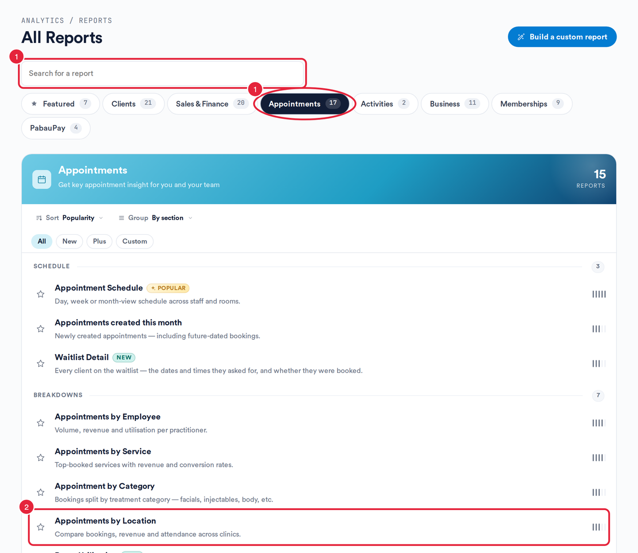 The reports catalogue with the search box, the Appointments tab and the Appointments by Location report marked
