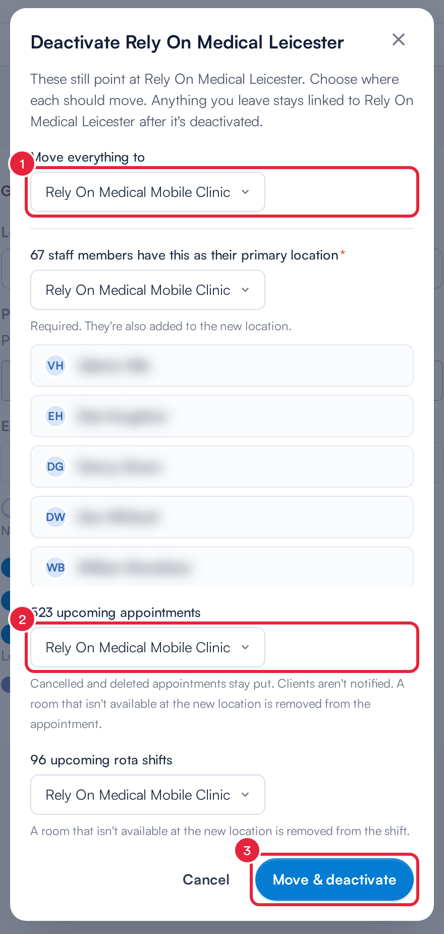 The Deactivate dialog with Move everything to, an item’s location picker and the Move and deactivate button marked