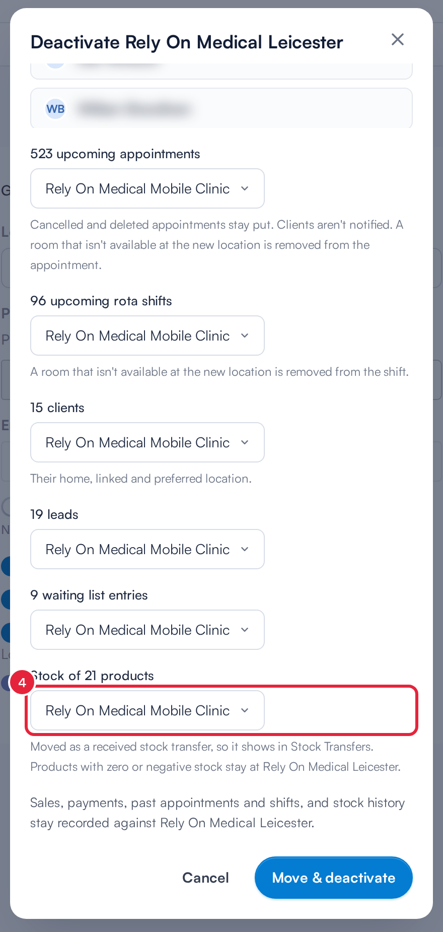The rest of the Deactivate dialog showing clients, leads, waiting list entries and stock, with the stock note