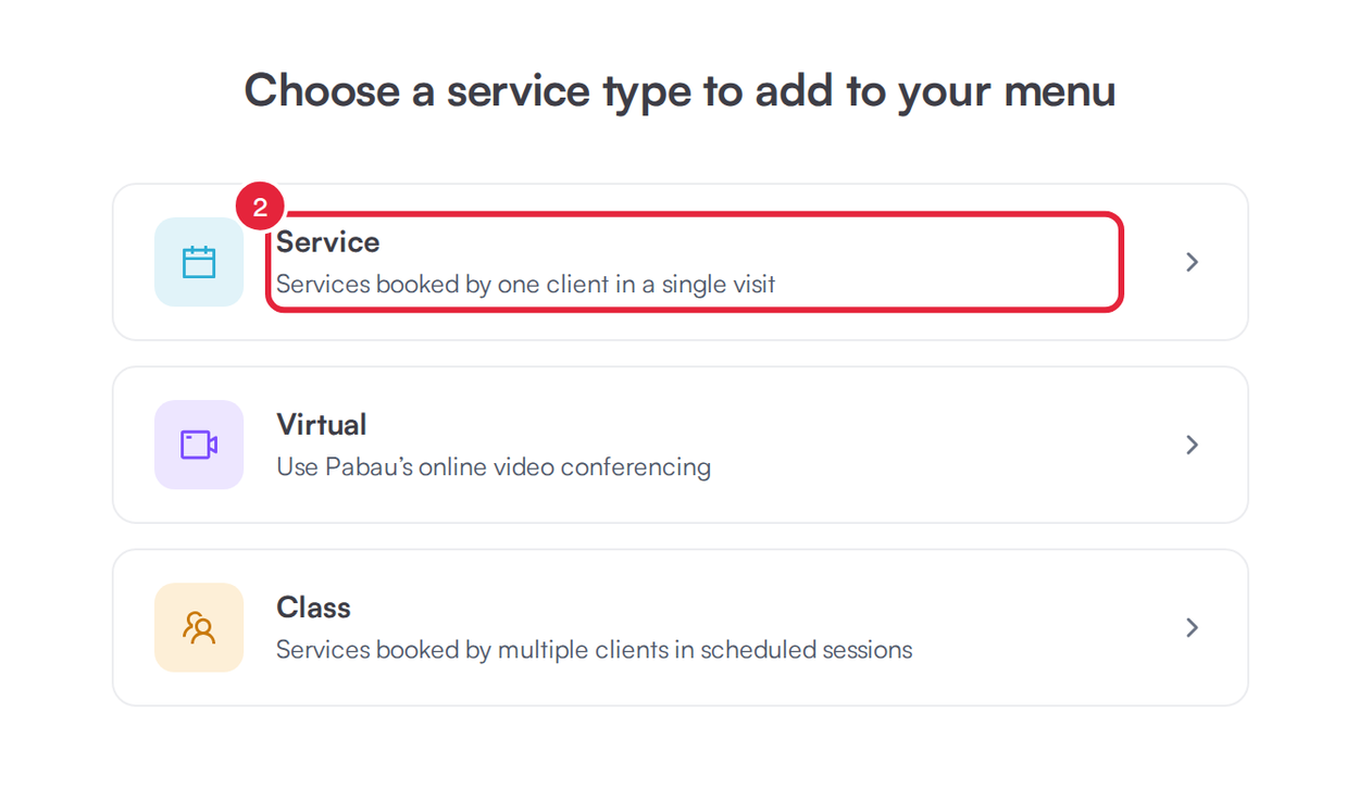 Choose a service type to add to your menu with Service, Virtual and Class