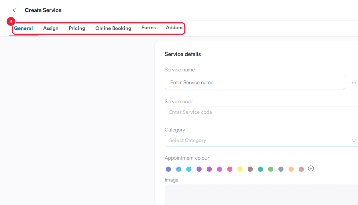 The Create Service window with its tabs General, Assign, Pricing, Online Booking, Forms and Addons marked
