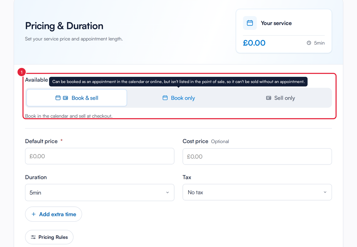 The Pricing tab with Available for marked and the Book only explanation showing