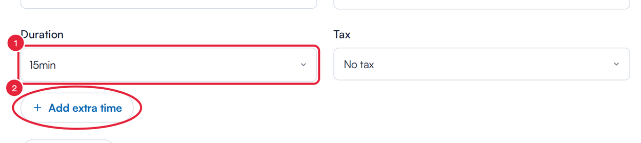 The Pricing tab with the Duration field and the Add extra time button marked