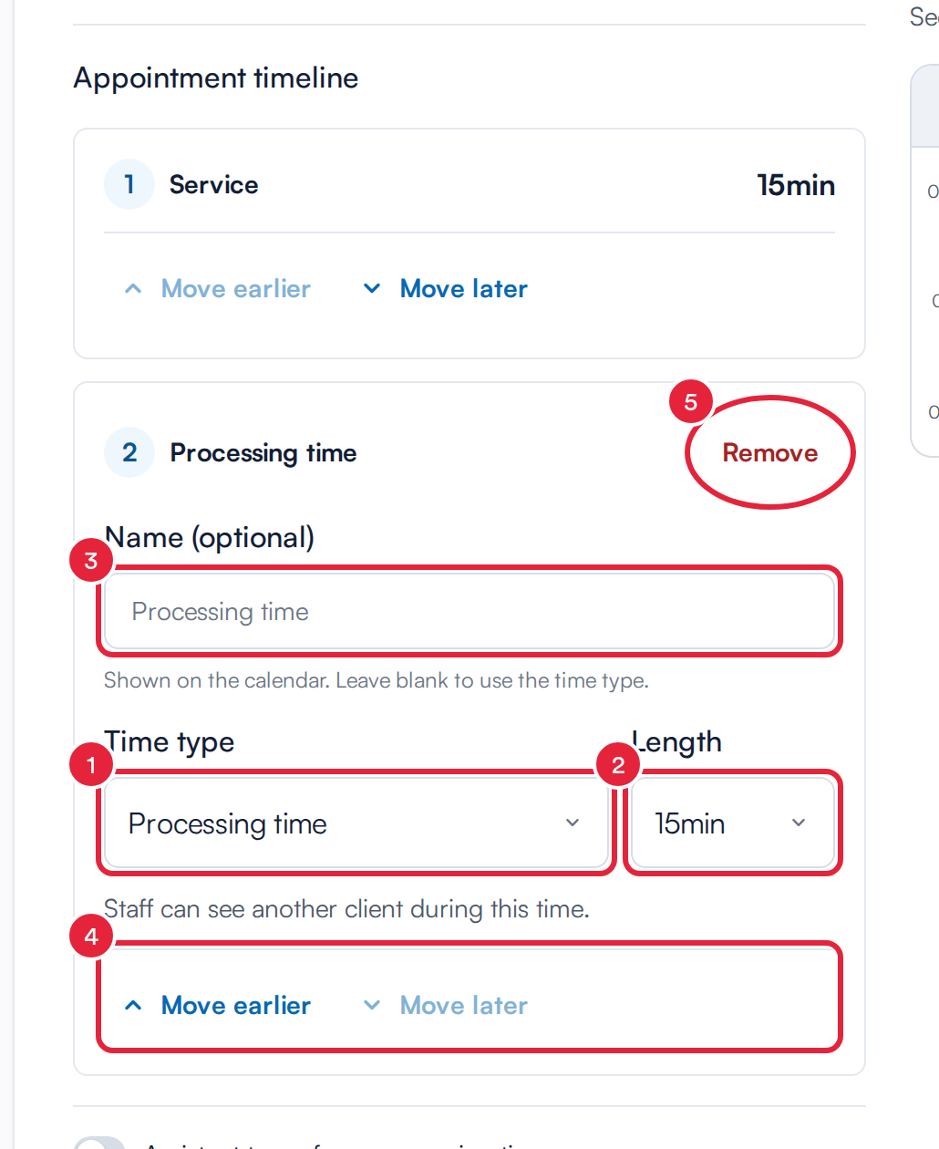The Appointment timeline with Time type, Length, Name, Move earlier and Move later, and Remove marked