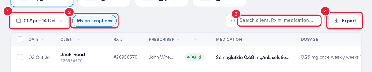 The date range, My prescriptions, search box and Export button