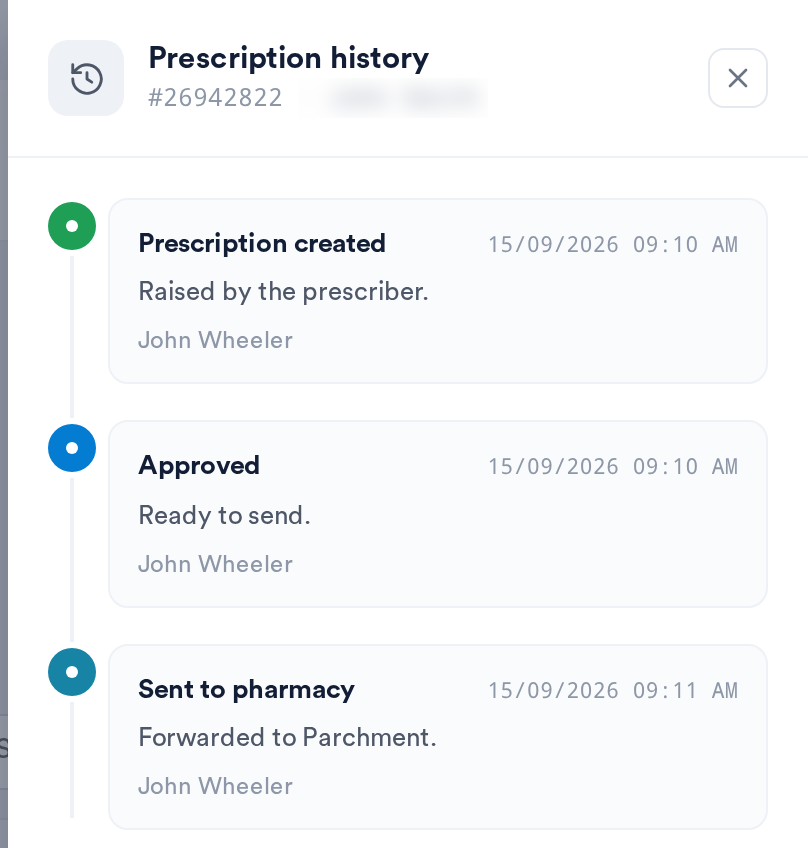 The Prescription history panel showing created, approved and sent events
