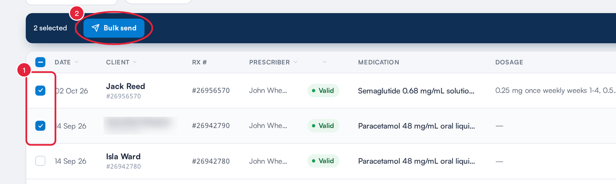 Two approved prescriptions ticked and the Bulk send button marked