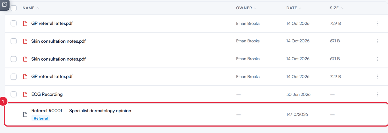 The client's Documents list with a referral row marked Referral