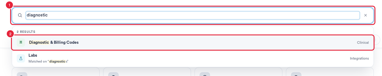 Search by keyword on the Setup page with Diagnostic and Billing Codes in the results
