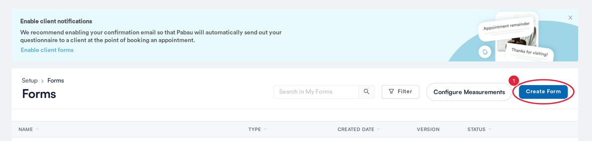 The Setup Forms page with the Create Form button marked