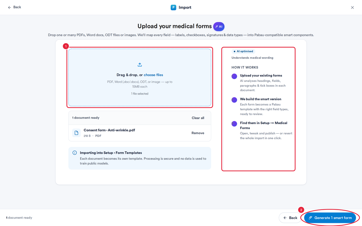 The Upload your medical forms step with a document added, the How it works panel and the Generate 1 smart form button marked