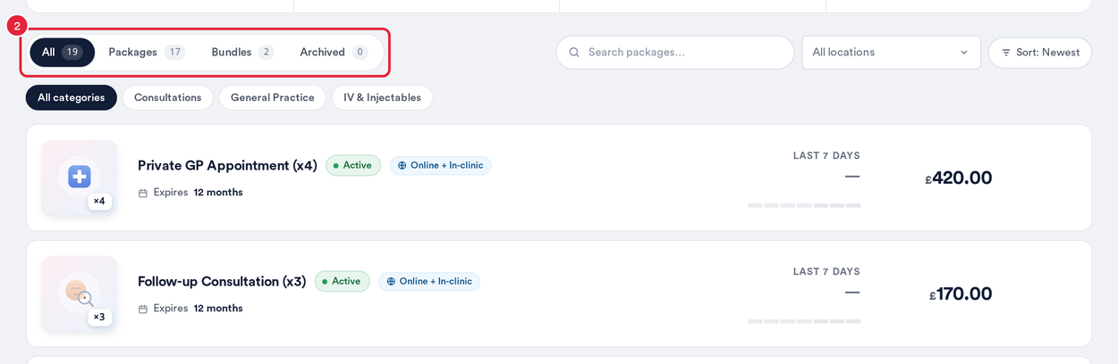 The Packages list with the All, Packages, Bundles and Archived tabs marked