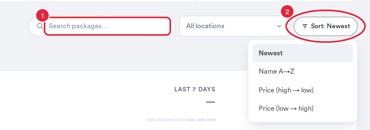 The Search packages box and the Sort menu marked