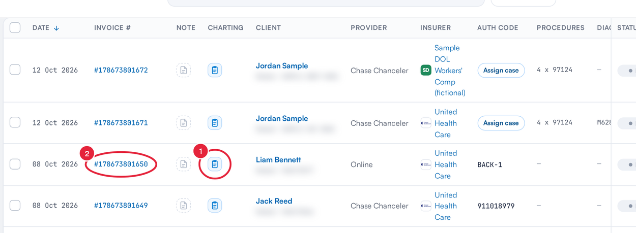 The claims list with a Charting icon and an Invoice number link marked