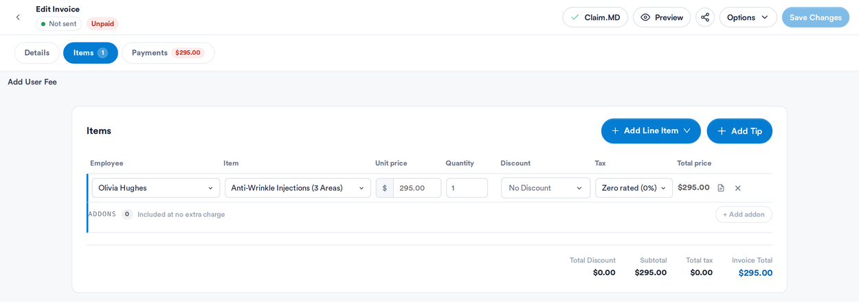 The invoice editor opened from the claims list on the Items tab