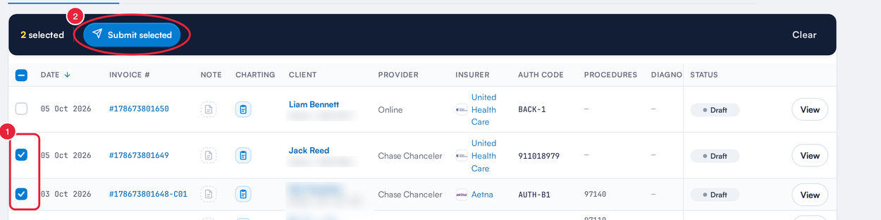 Two claims ticked and the Submit selected button marked