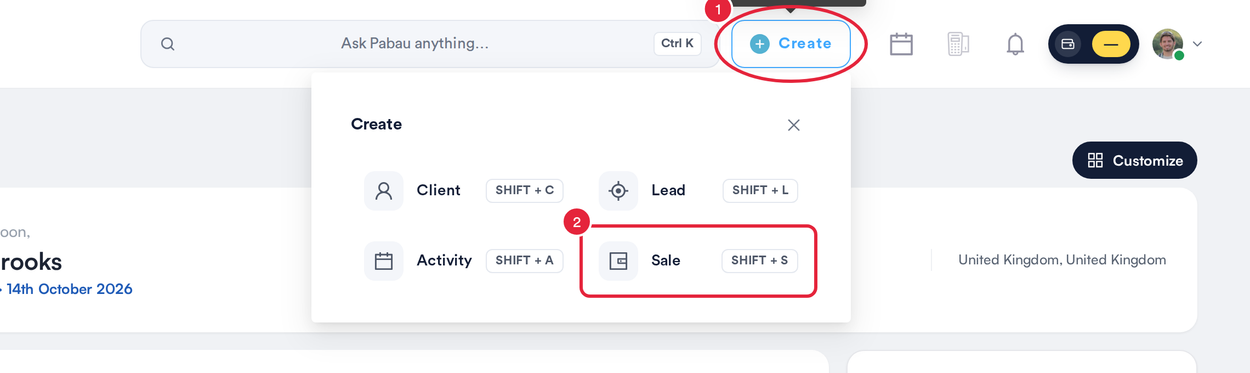 The Create menu open with the Create button and the Sale option marked