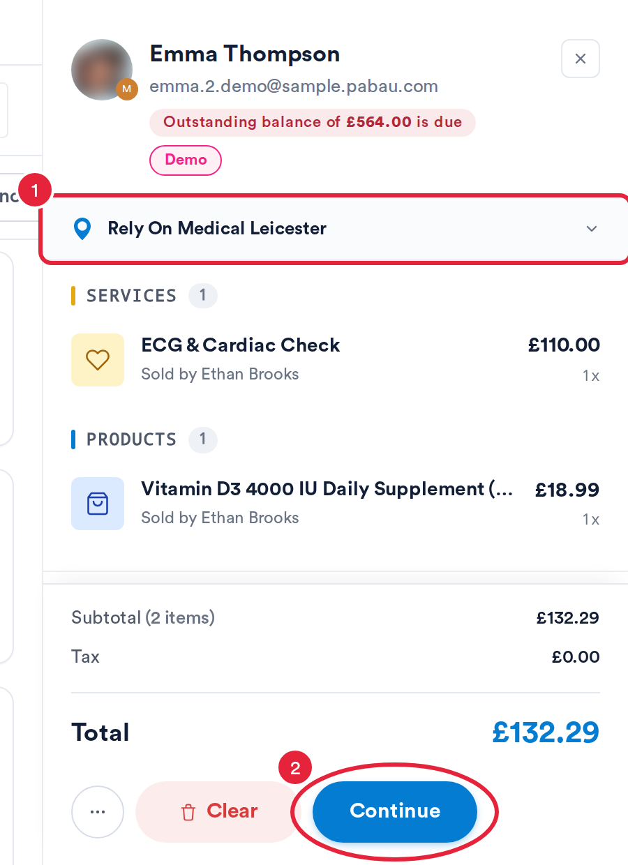 The cart with the location row and the Continue button marked