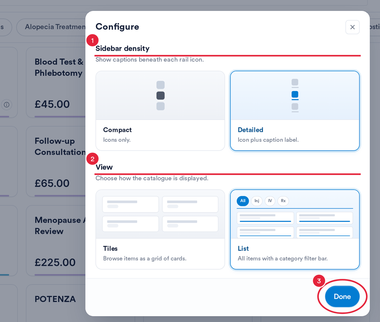 The Configure window with the Sidebar density and View options and the Done button marked