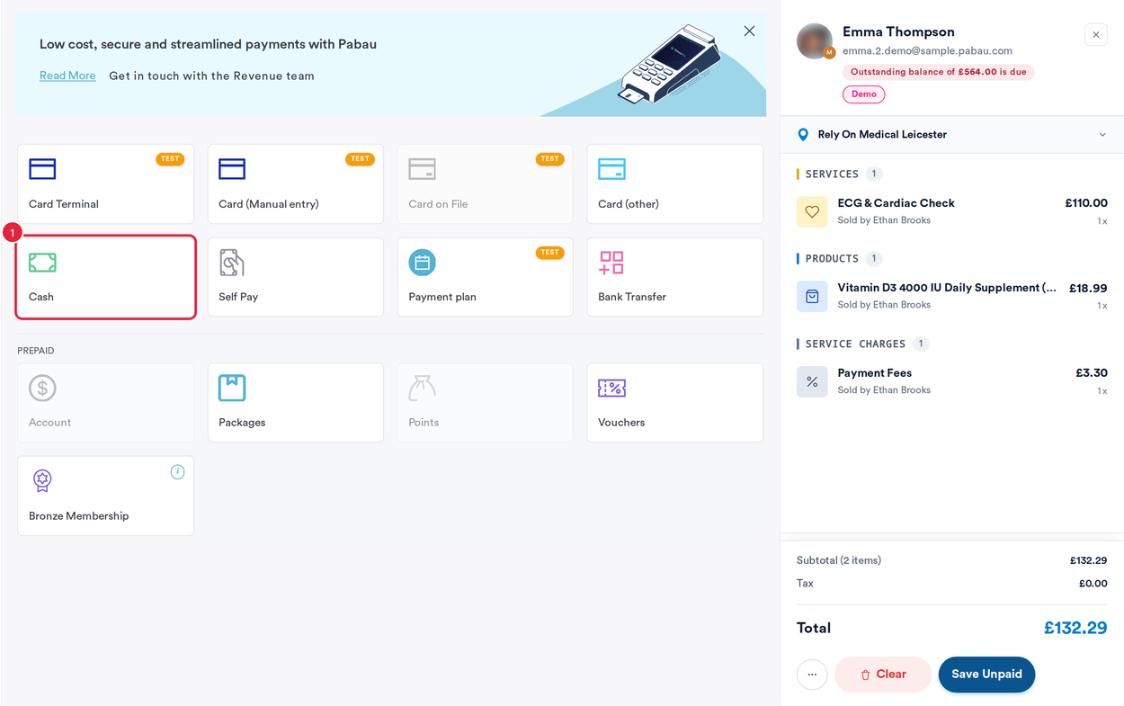 The payment methods in the Point of Sale with Cash marked