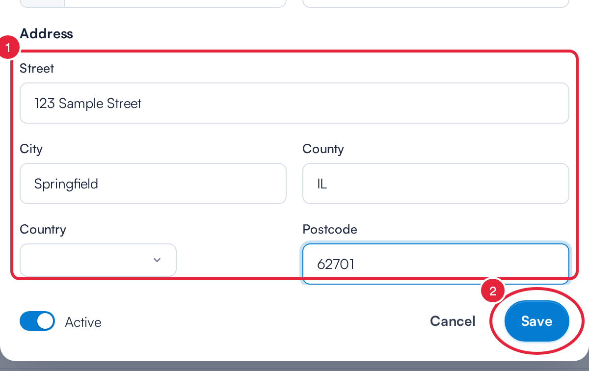 The Address section of an insurer's General tab with Street, City, County and Postcode filled in