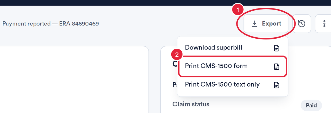 The Export menu on a claim with Print CMS-1500 form marked
