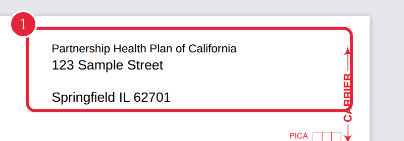 The carrier block of a printed CMS-1500 showing the payer name and a sample mailing address