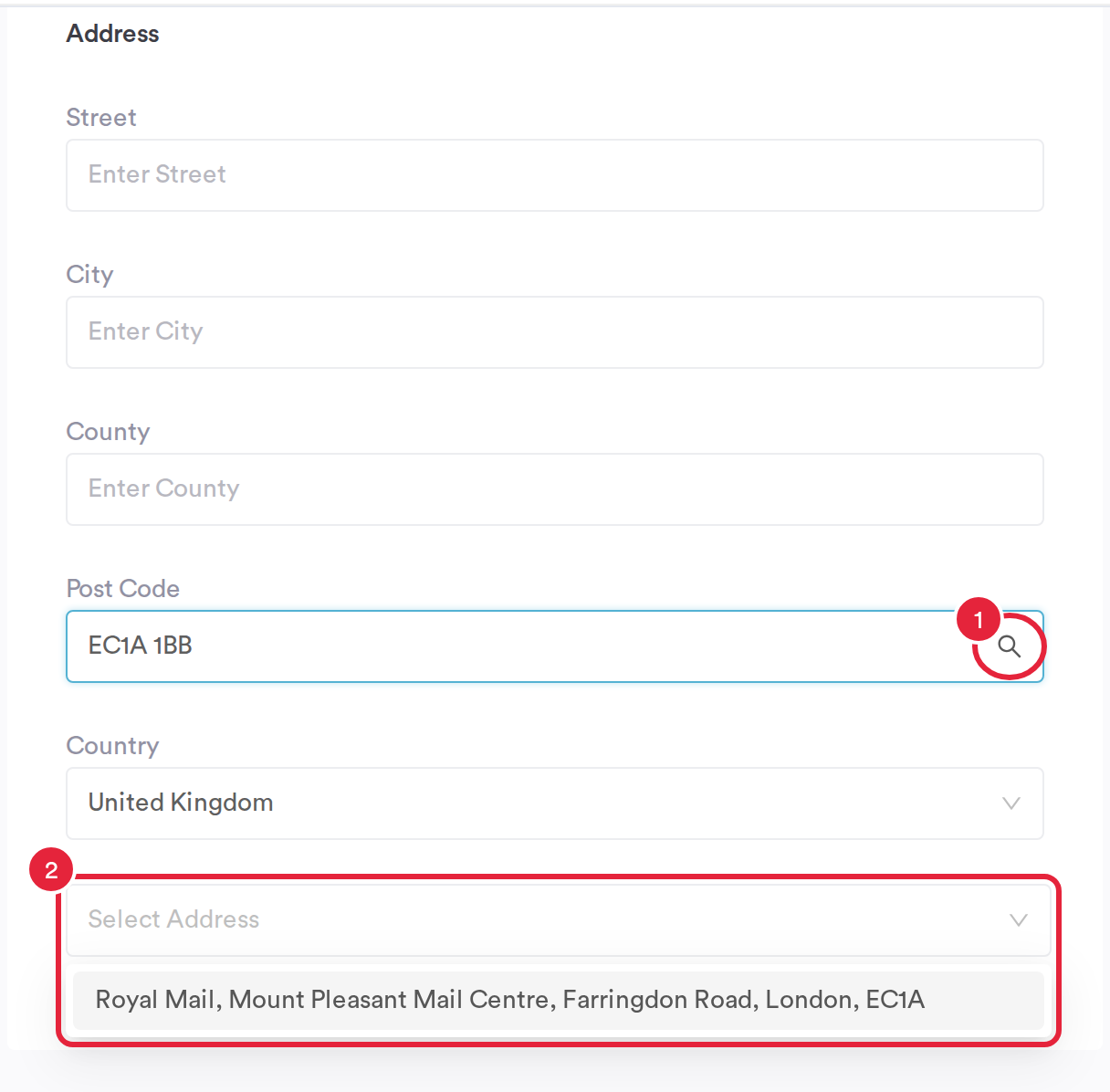 The Address section of the New Client form with a UK postcode entered, the magnifier icon marked 1 and the Select Address list marked 2