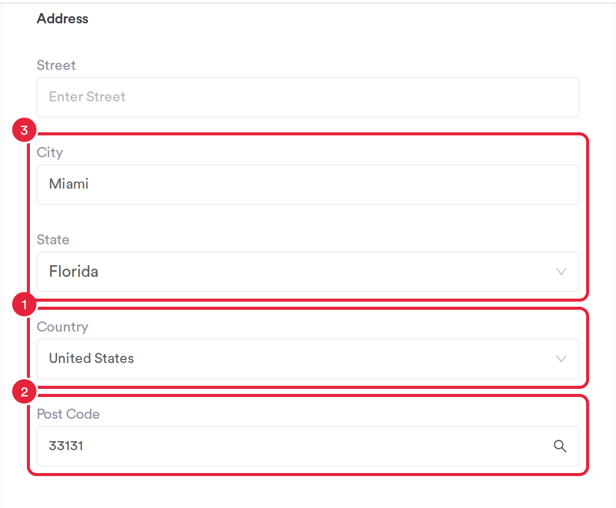 The Address section with Country United States marked 1, a ZIP code in Post Code marked 2 and the City and State filled in, marked 3