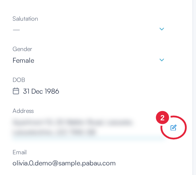 The Details section of the client card with the pencil icon next to the Address row marked 2