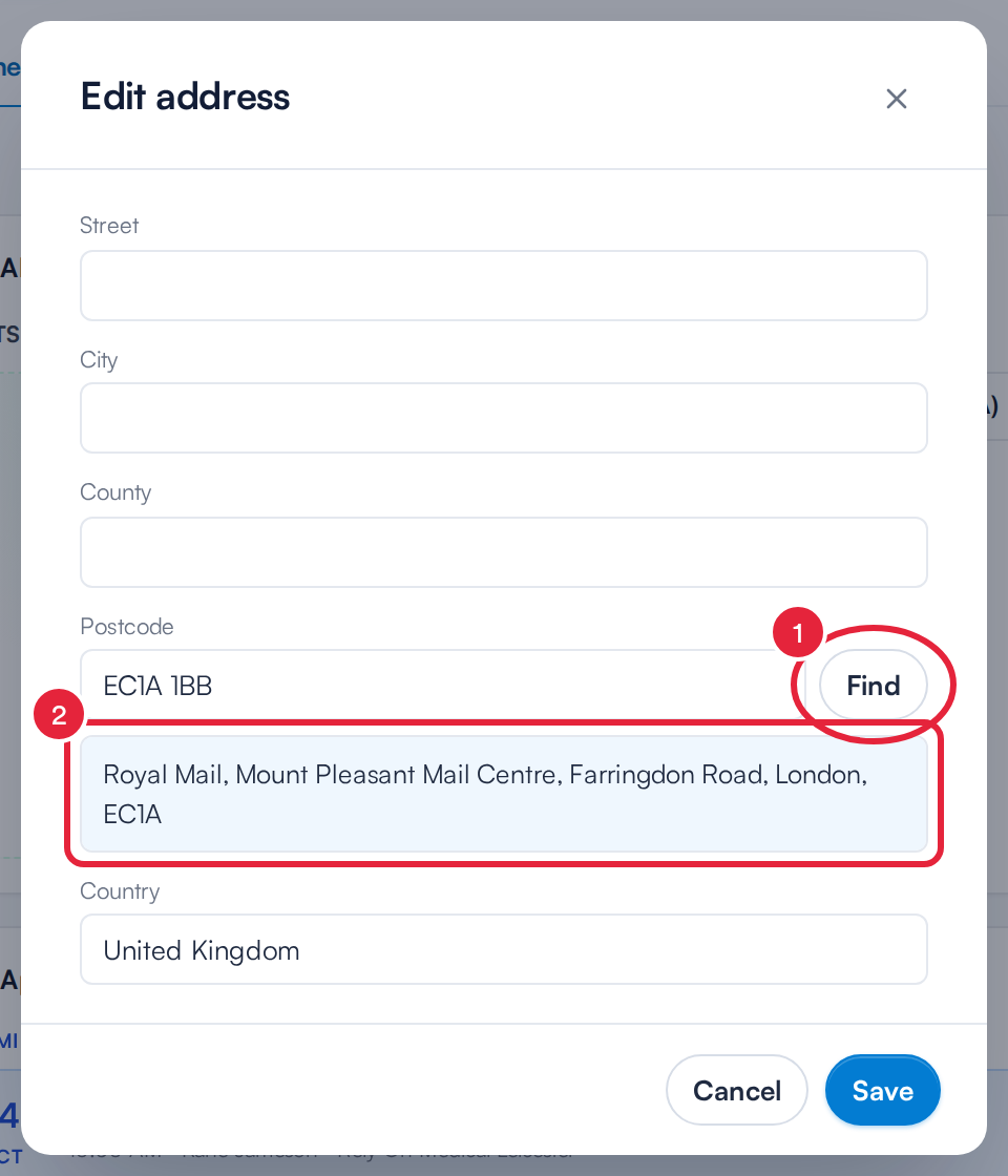 The Edit address window with a UK postcode entered, the Find button marked 1 and the matching address marked 2
