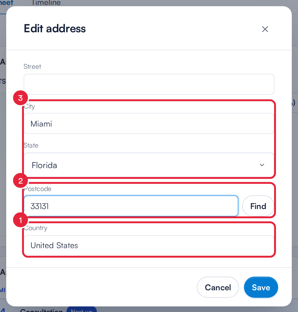 The Edit address window with Country United States marked 1, a ZIP code marked 2 and City and State filled in, marked 3