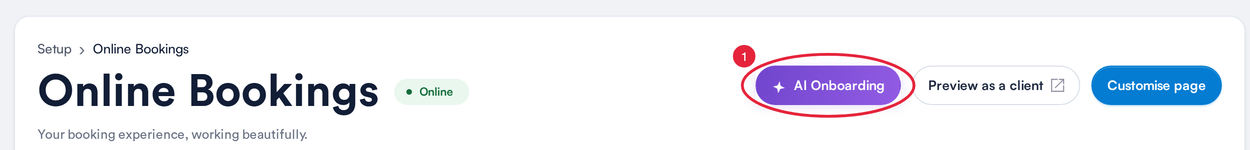 The Online Bookings page with the AI Onboarding button marked