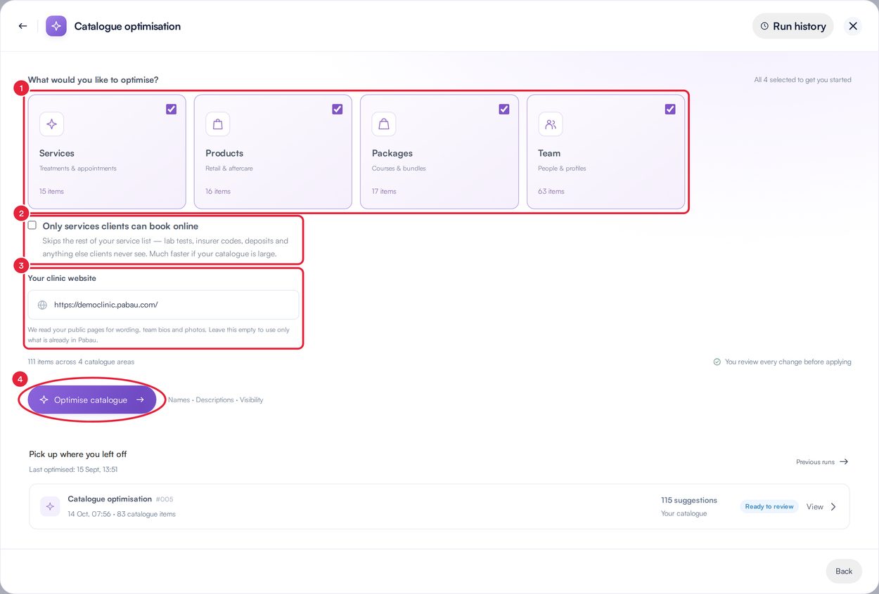Catalogue optimisation setup with the area cards, the online-only option, the clinic website and the Optimise catalogue button marked