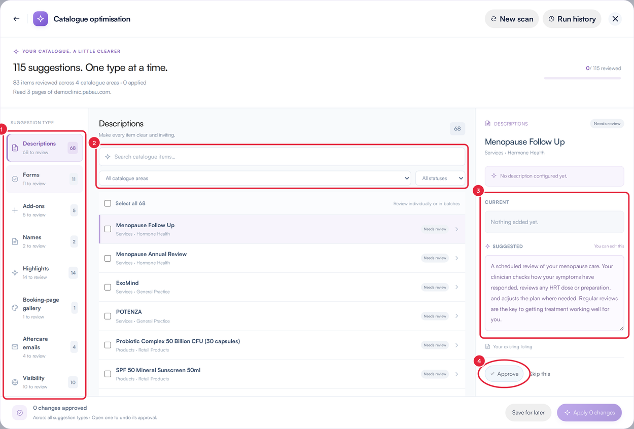The review screen with the suggestion type list, filters, current and suggested text and the Approve button marked