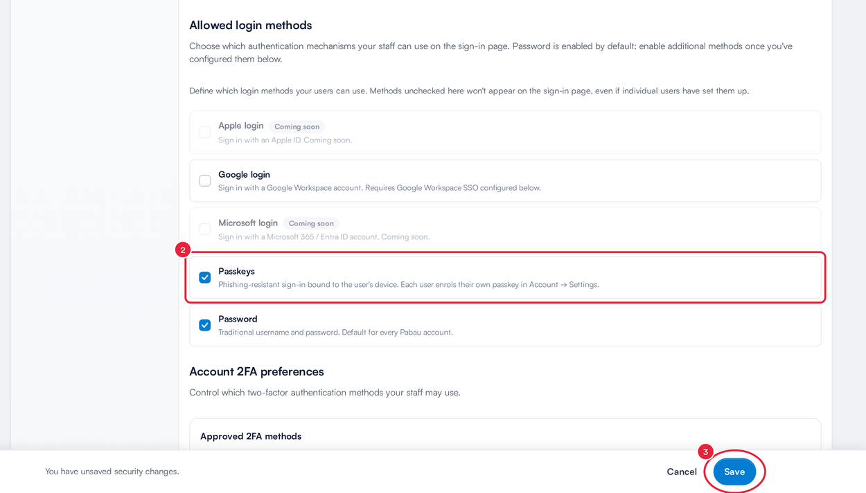 Allowed login methods in the Security tab of Business Details, with Passkeys ticked and the Save button marked