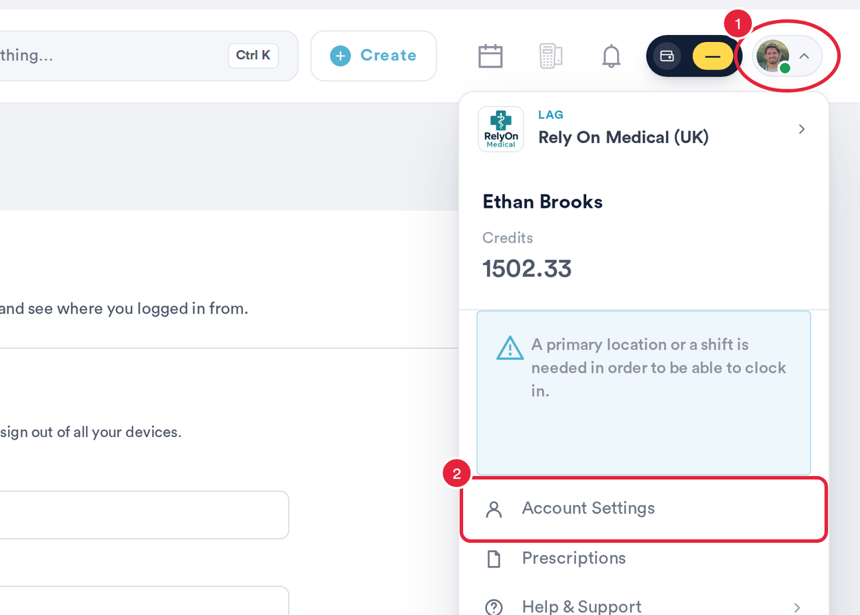 The profile menu open in the top right corner with Account Settings marked