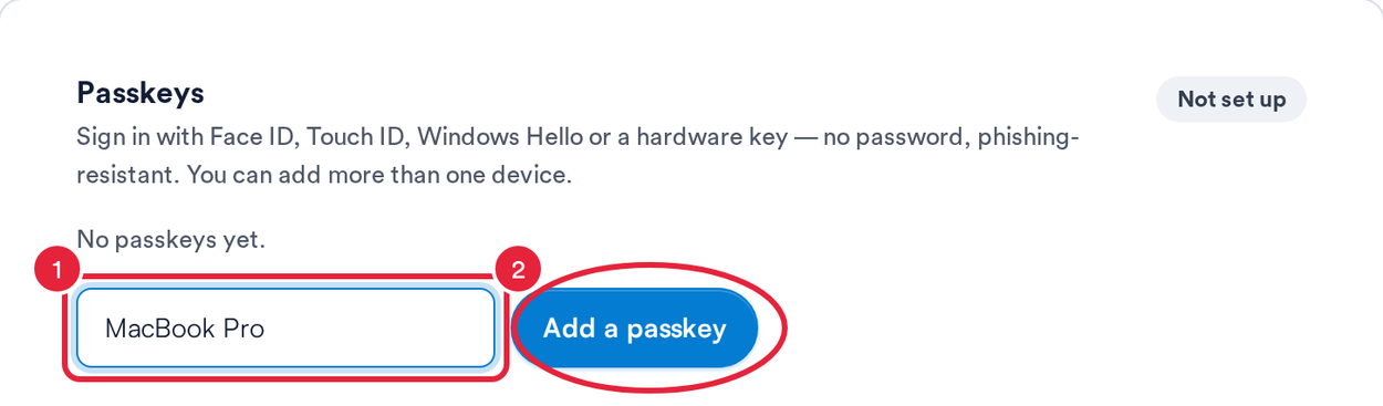 The Passkeys section with a device name typed in and the Add a passkey button marked