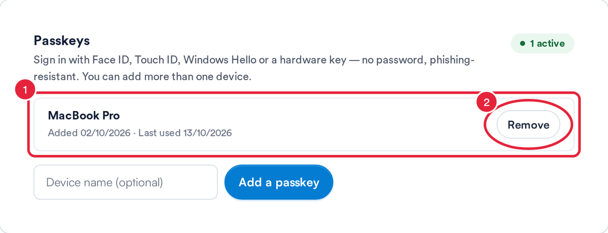 A saved passkey called MacBook Pro showing when it was added and last used, with the Remove button marked