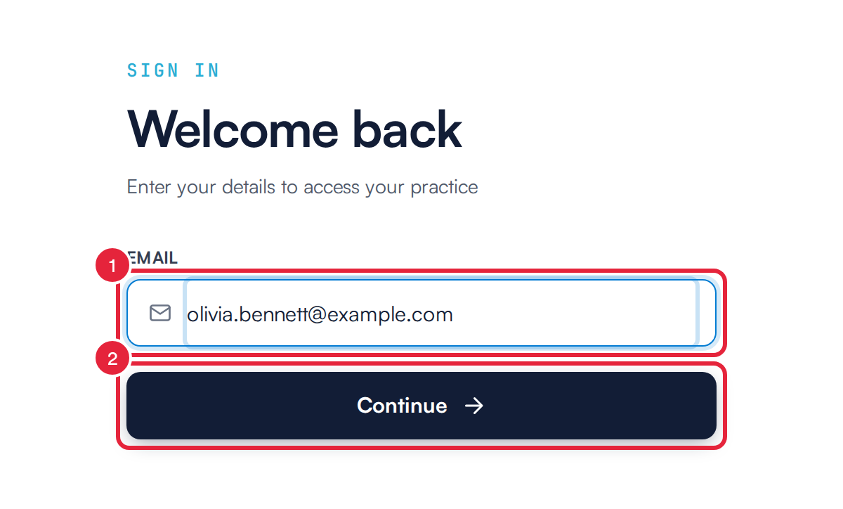 The Pabau sign-in page with the email field and the Continue button marked