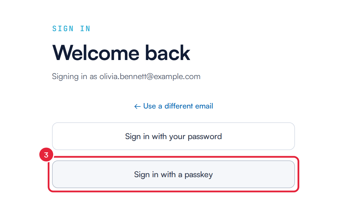 The sign-in options for an email address, with Sign in with a passkey marked
