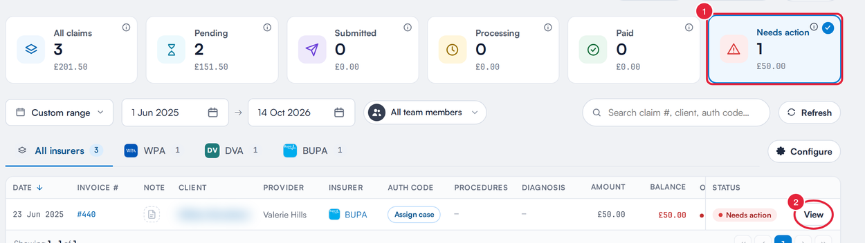 The Insurance claims dashboard filtered to Needs action, with the tile and the View button marked